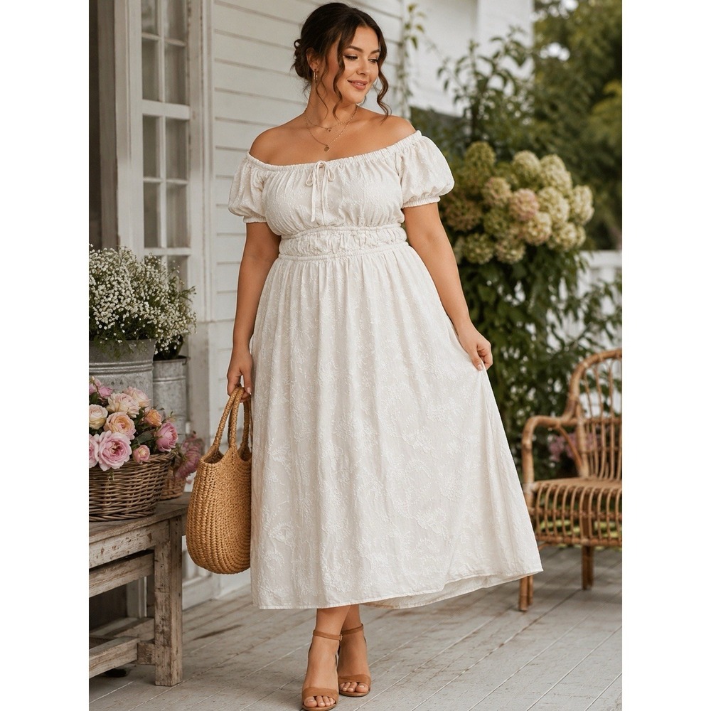 Torrid Ivory Embroidered‎ Cotton Puff Sleeve Midi Dress Size 2 Cottagecore Boho